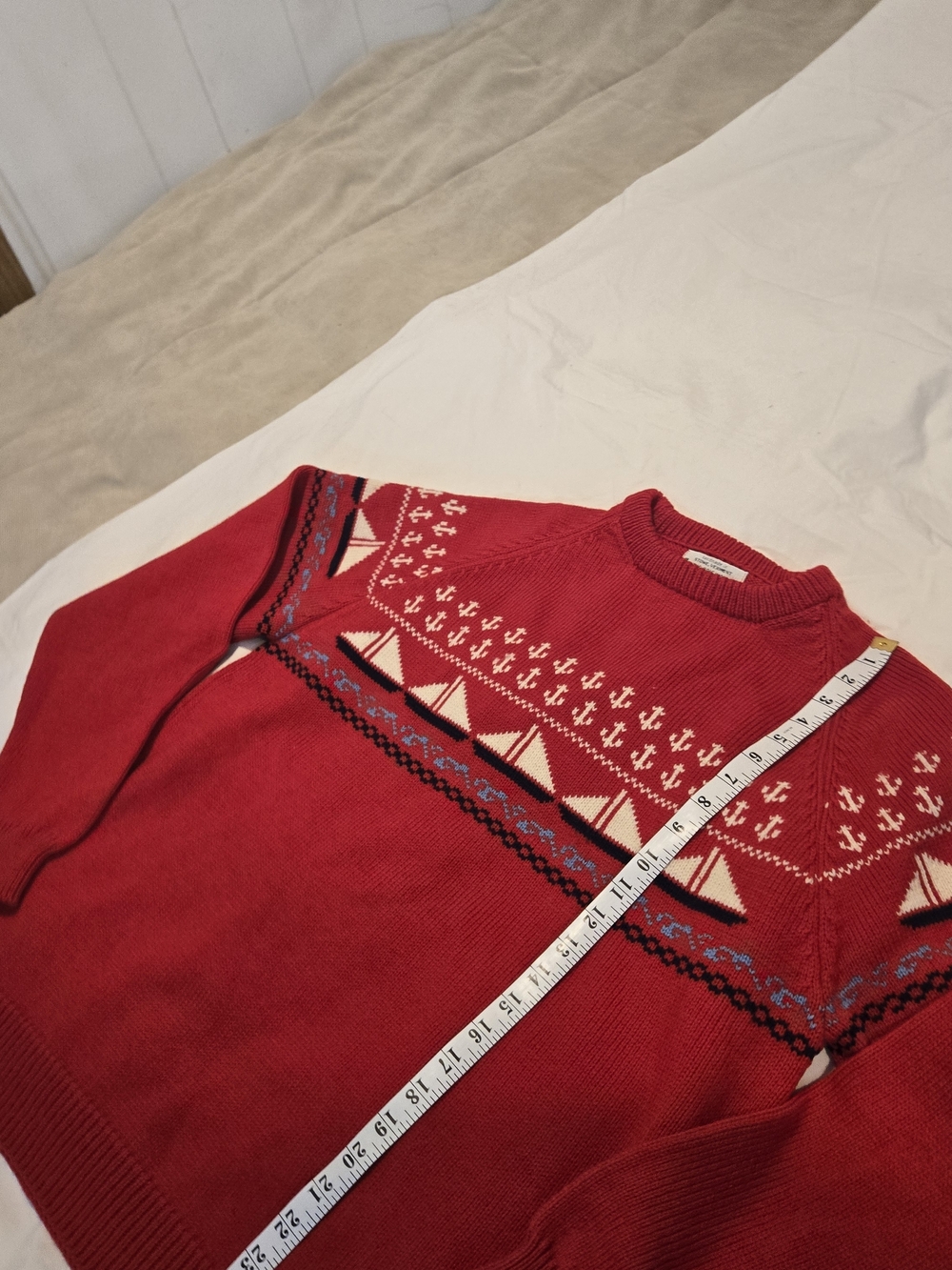 Men's 100% Wool Red Nautical Crewneck Sweater - Picture 10 of 11
